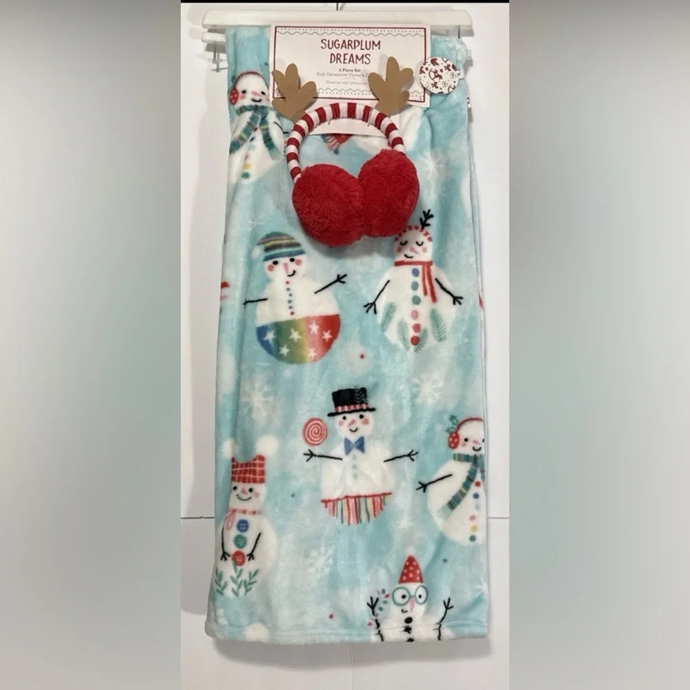 Sugarplum Dreams 2-Pc Set 50”x60” Throw Blanket & Earmuffs Colorful Snowman NWT